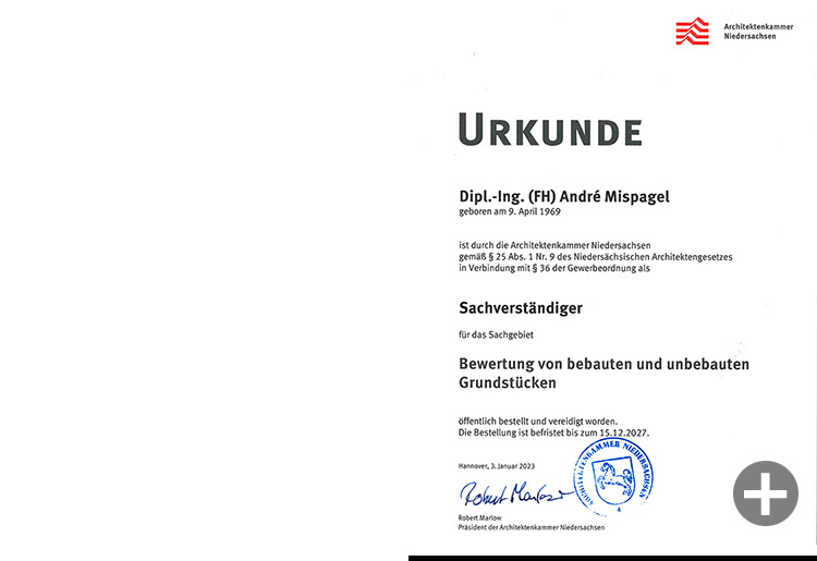 Urkunde Andre Mispagel Architekt und Sachverständiger Otze Burgdorf Hannover Celle